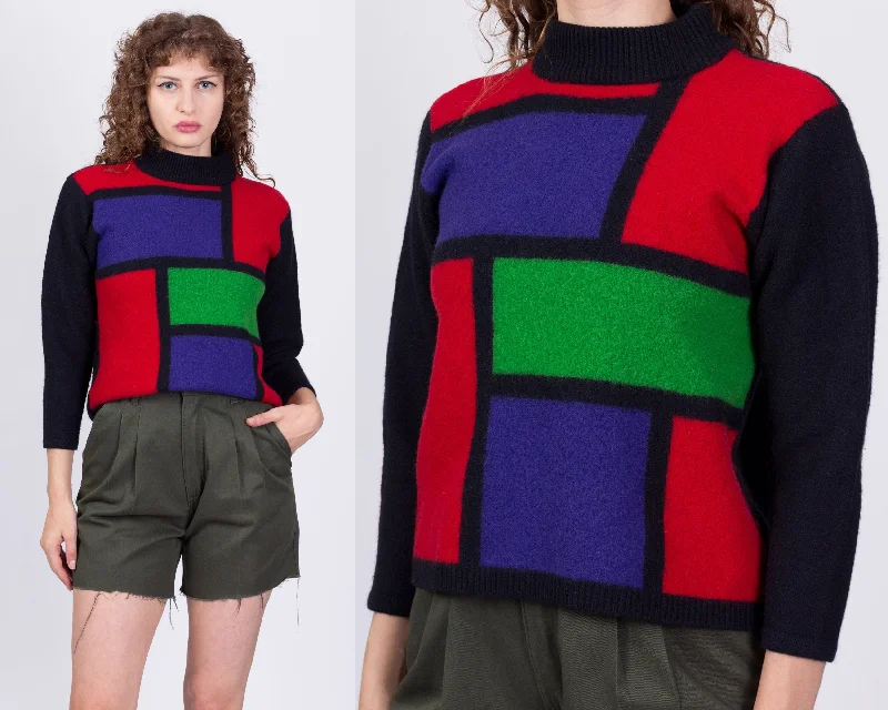 80s Mondrian Lambswool Knit Cropped Sweater - Petite Small Print Jacquard Patchwork