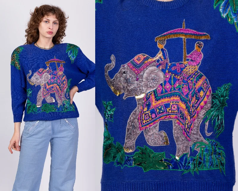 80s Royal Blue Elephant Knit Sweater - Medium Plaid Sweater Polka Dot Checkered