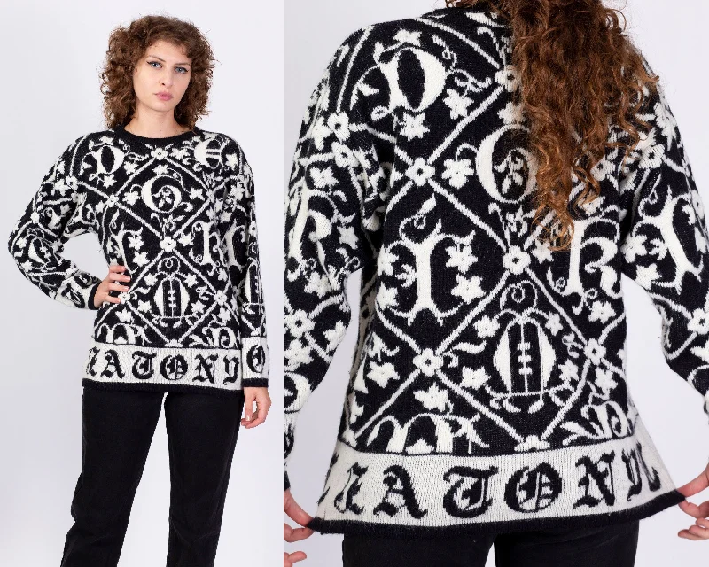 90s Black & White Baroque Sweater - Medium Boxy Sweater Fitted Sweater A-Line