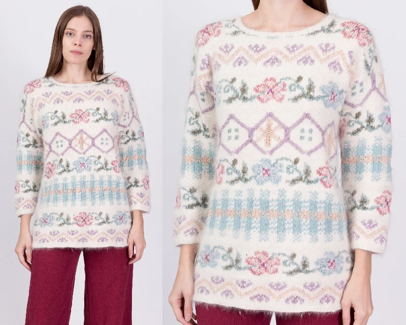 90s Floral Angora Sweater - Small Welt Pockets Slit Pockets Flap Pockets