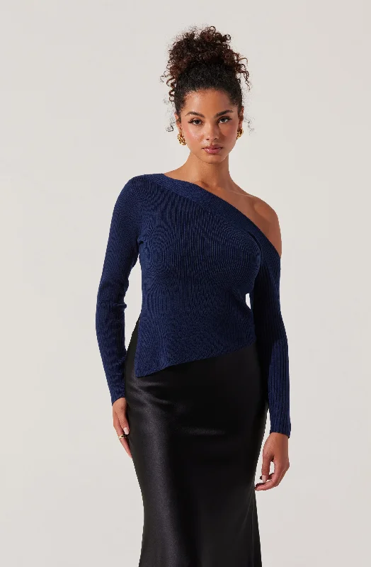 Aldari Off Shoulder Ribbed Sweater Boat Neck Shawl Collar Notched Collar