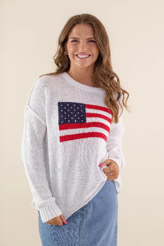 All American Sweater-White Toggled Drawstring Belted