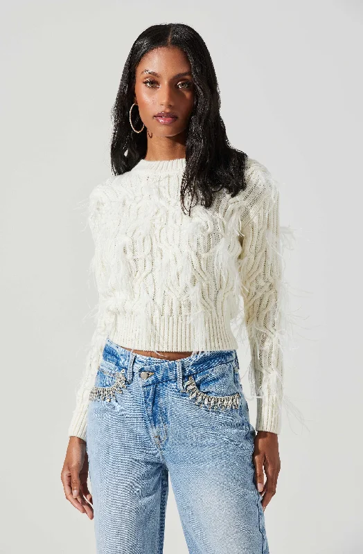 Almeida Feather Embellished Cable Knit Sweater Hooded Caped Shawl Collar