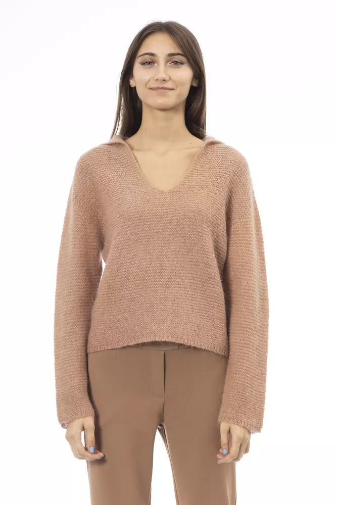 Alpha Studio Beige Merino Wool Women Sweater Satin Blend Silk Blend Wool Blend
