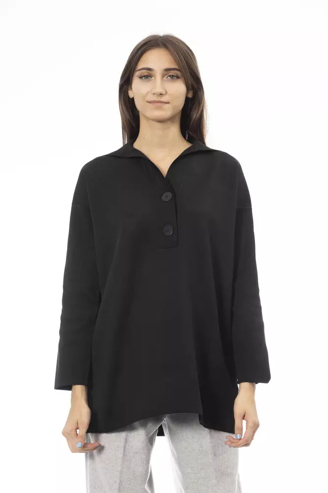Alpha Studio Black Polypropylene Women Sweater Chenille Fabric Brocade Fabric Lace Fabric