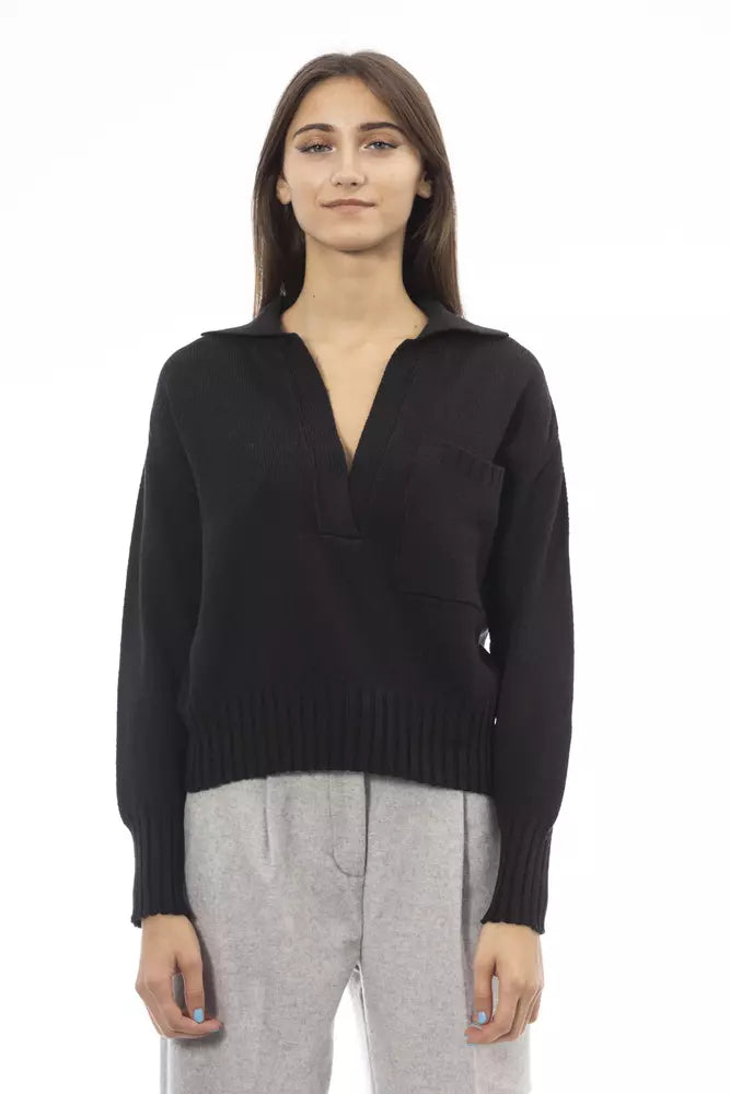 Alpha Studio Black Wool Women Sweater Seamless Knitted Crochet