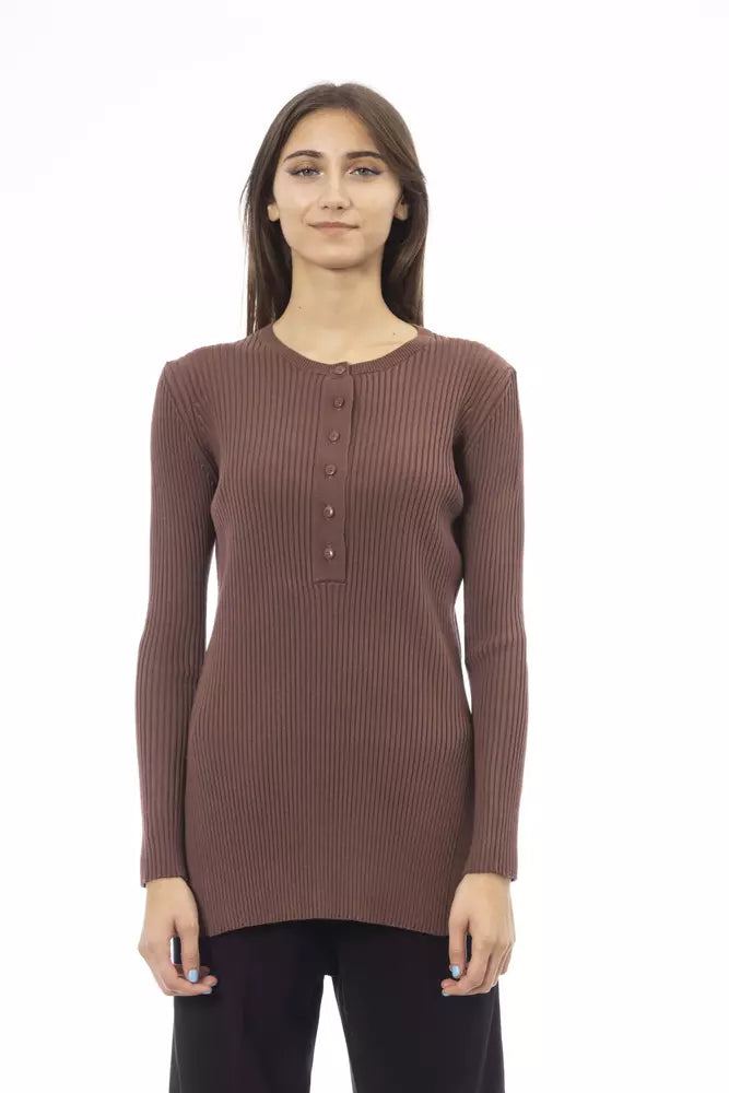 Alpha Studio Brown Viscose Women Sweater Hooded Caped Shawl Collar