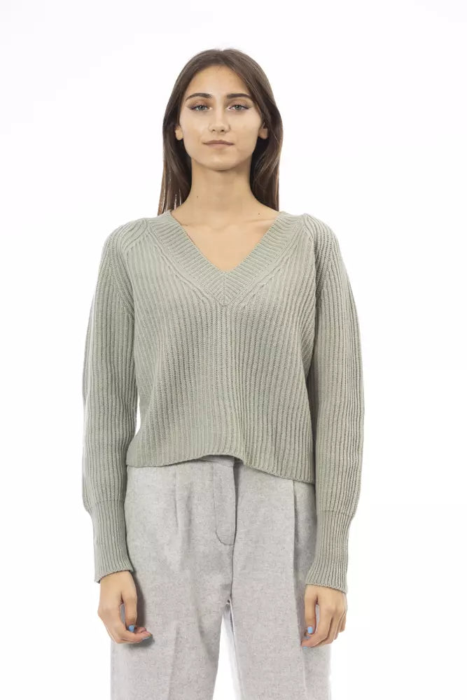 Alpha Studio Green Wool Women Sweater Embroidered Appliqued Beaded