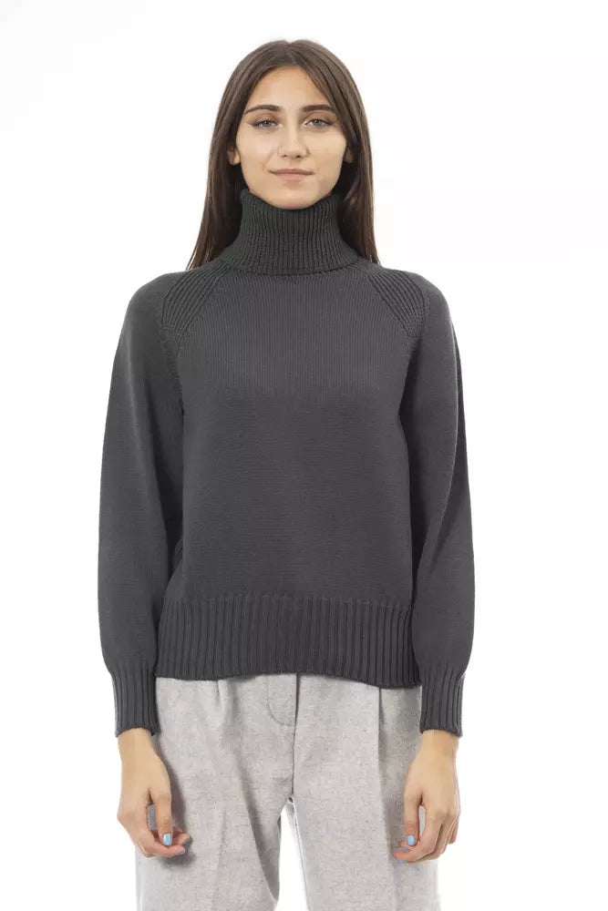 Alpha Studio Green Wool Women Sweater Notch Collar Peter Pan Collar Cowl Neck