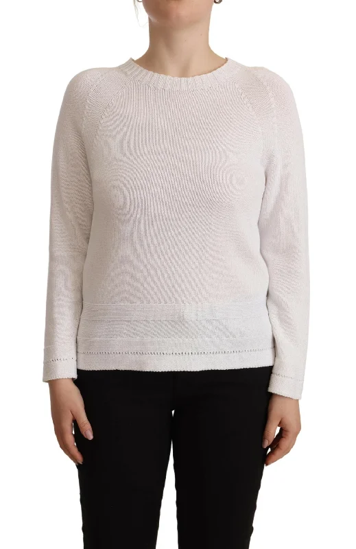 Alpha Studio Elegant White Cotton Pullover Sweater Mesh Sweater Canvas Denim