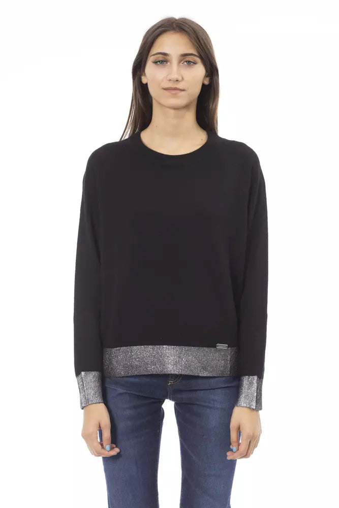 Baldinini Trend Black Wool Women Sweater Turtle Neck Boat Neck Asymmetrical Neck