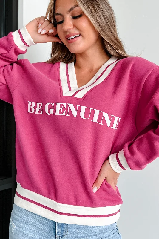 "Be Genuine" Varsity Stripe Graphic Sweater (Raspberry) Slim Fit Regular Fit Oversized "Be Genuine" Varsity Stripe Graphic Sweater (Raspberry) Slim Fit Regular Fit Oversized