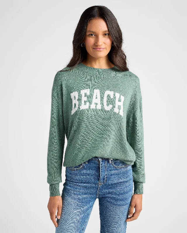 Beach Graphic Crew Neck Sweater Mesh Blend Leather Blend Suede Blend