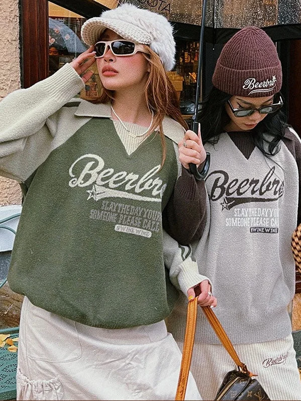 Beerbro Graphic Letter Print Parchwork Long Sleeve Sweater Slim Fit Regular Fit Oversized Beerbro Graphic Letter Print Parchwork Long Sleeve Sweater Slim Fit Regular Fit Oversized