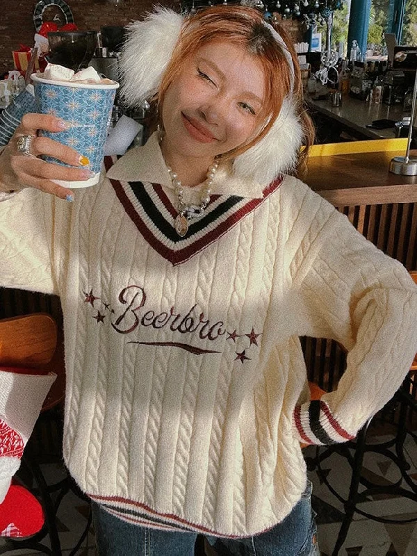 Beerbro Star Stripe V-Neck Knitted Long Sleeve Sweater Modern Contemporary Chic
