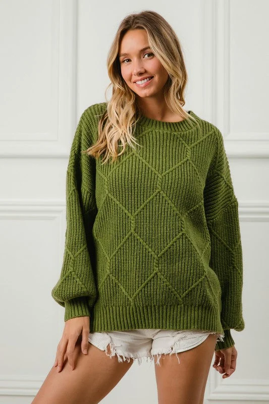 BiBi Diamond Texture Round Neck Long Sleeve Sweater Herringbone Houndstooth Plaid