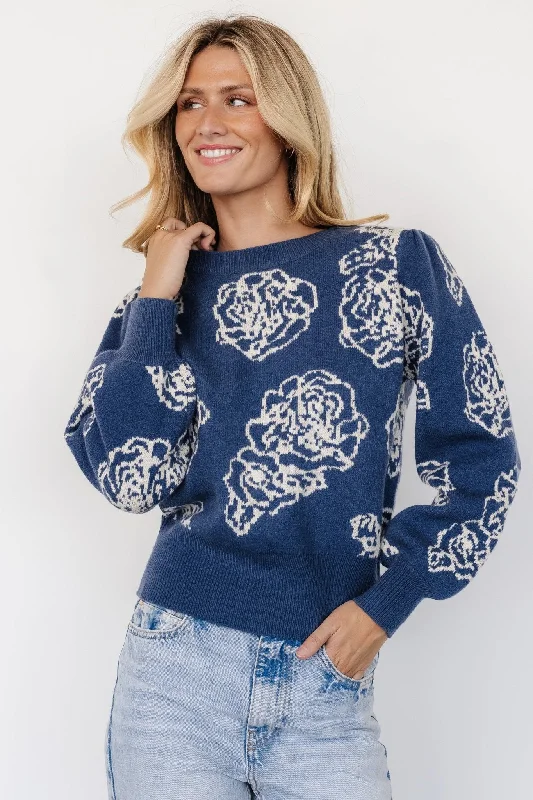 Blake Floral Sweater | Blue + Cream Herringbone Houndstooth Plaid