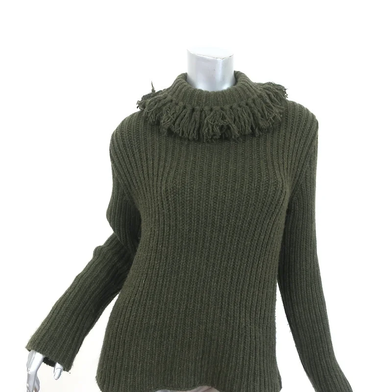 Bottega Veneta Cashmere Fringe Sweater Forest Green Ribbed Knit Size 40 Iron Safe Non-Iron Wrinkle Free