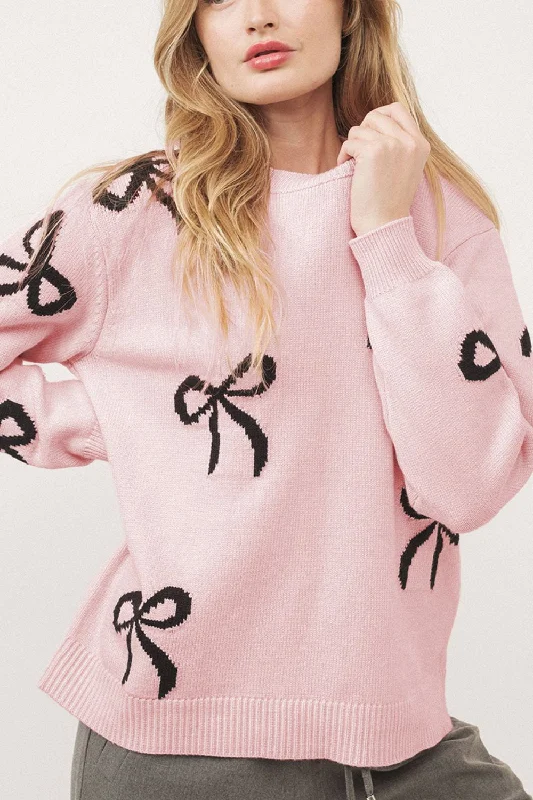 Bow Pattern Round Neck Loose Fit Sweater Mesh Sweater Canvas Denim