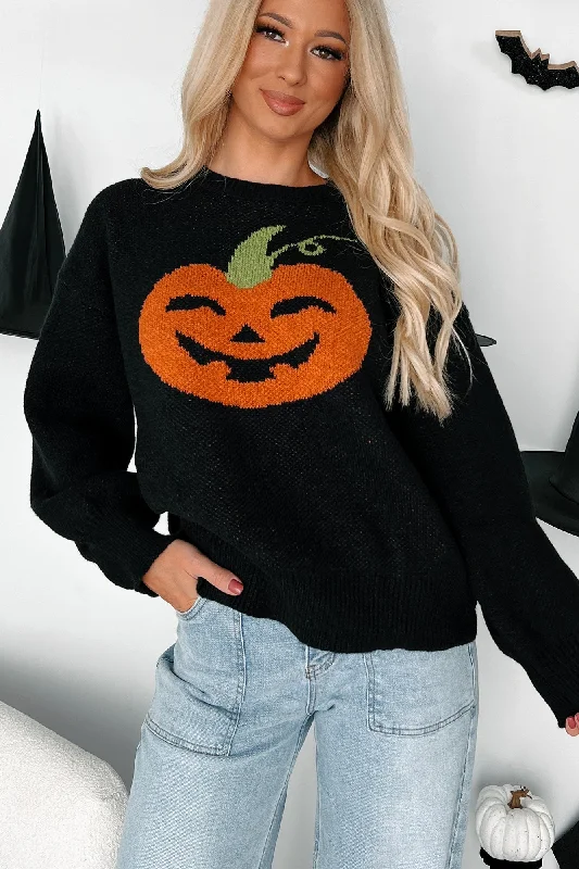 Carving Smiles Knit Halloween Sweater (Black) Toggled Drawstring Belted