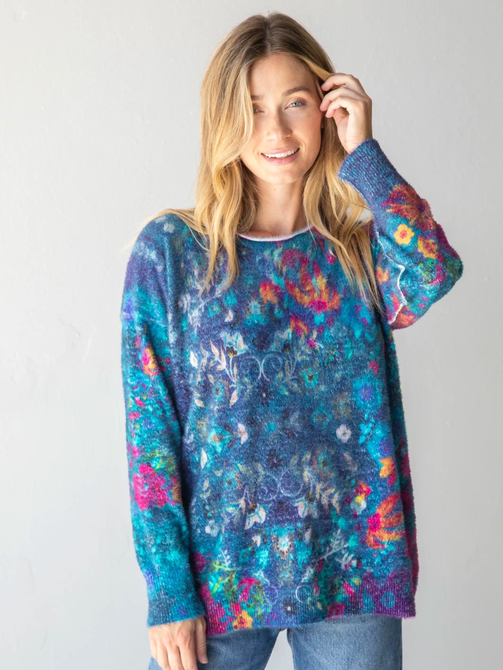 Cashmere-like Pullover Sweater - Indigo Borders Open Front Closed Front Wrap Front