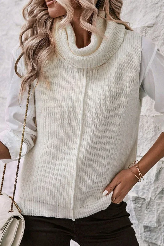 Central Seam Turtleneck Sleeveless Sweater Vest Mesh Fabric Canvas Fabric Denim Fabric