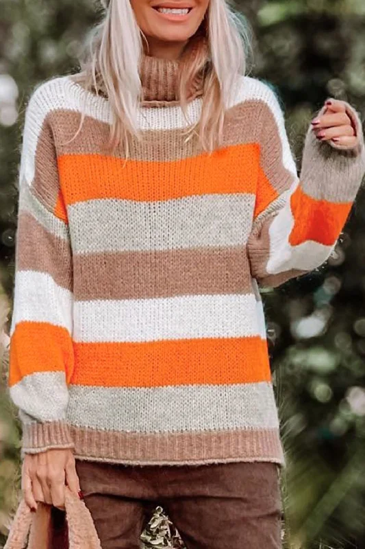 Color Block Drop Shoulder Turtleneck Sweater Anti-Pilling Anti-Shrink Durable