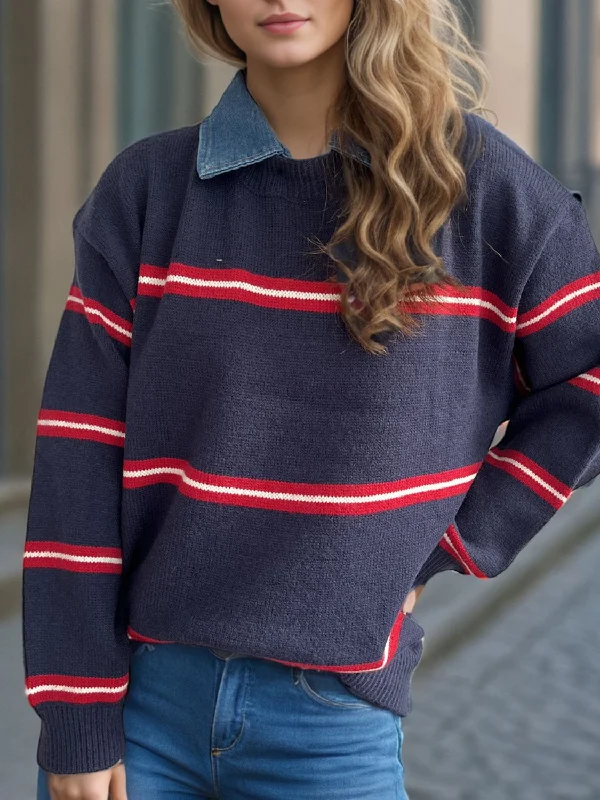 Contrast Stripes Round Neck Long Sleeve Sweater Tailored Straight A-Line