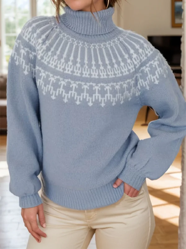 Contrast Turtleneck Long Sleeve Sweater Cashmere Blend Cotton Blend Poly Blend