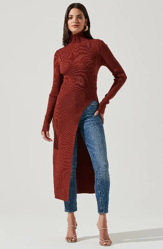 Hi Slit Turtleneck Sweater Cotton Fabric Linen Fabric Terry Fabric