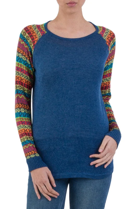Cusco Market in Blue Blue Tunic Sweater with Multi Color Patterned Sleeves Graphic Sweater Embroidered Appliqued Cusco Market in Blue Blue Tunic Sweater with Multi Color Patterned Sleeves Graphic Sweater Embroidered Appliqued