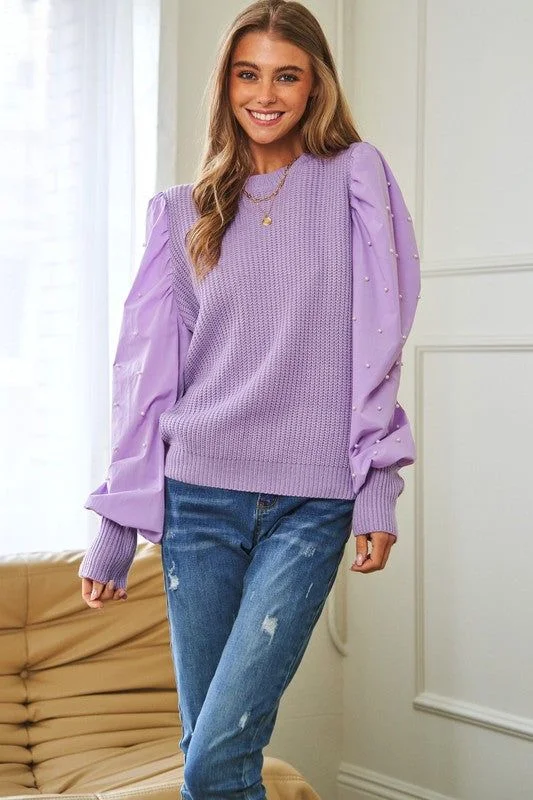 Davi & Dani Pearl Embellishments Contrast Sleeves Sweater Embroidered Appliqued Beaded Davi & Dani Pearl Embellishments Contrast Sleeves Sweater Embroidered Appliqued Beaded