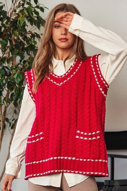 Davi & Dani Solid V-Neck Sleeveless Pocket Detail Sweater Toggled Drawstring Belted