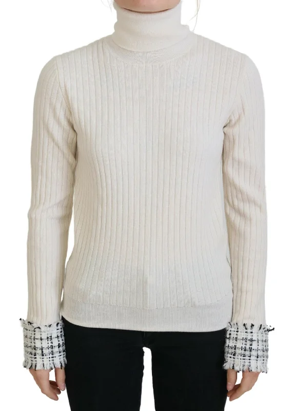 Dolce & Gabbana Ivory Turtleneck Wool Blend Sweater Satin Fabric Silk Fabric Chiffon Fabric