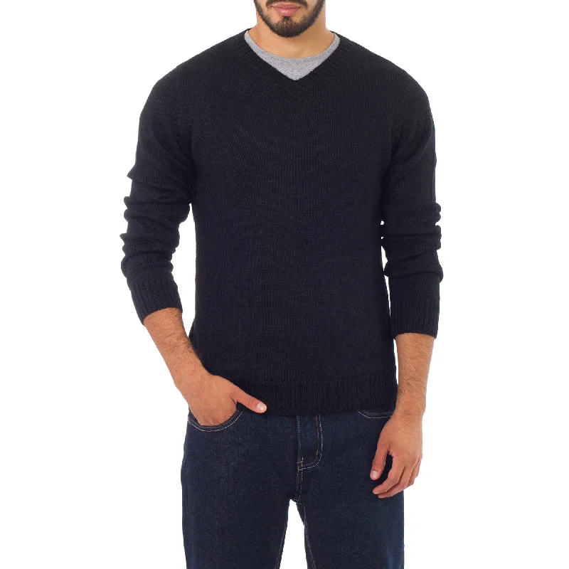 Ebony Black Men's Alpaca Sweater Seamless Knitted Crochet