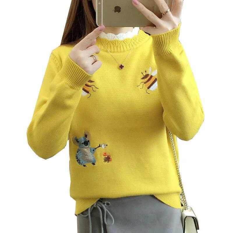 Embroidered Crewneck Women Sweater Striped Floral Plaid
