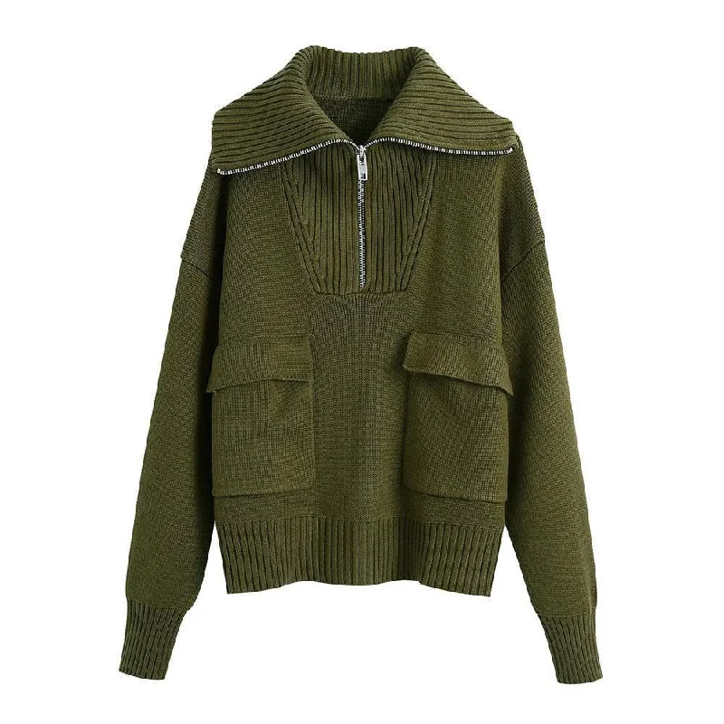 Flap Pockets Turtleneck Sweaters For Women Slim Fit Regular Fit Oversized