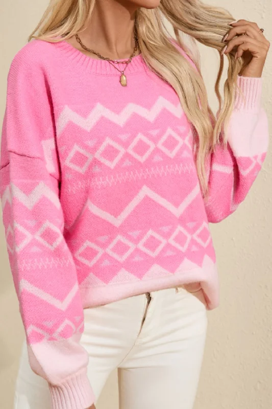 Geometric Drop Shoulder Long Sleeve Sweater Ribbed Striped Patterned