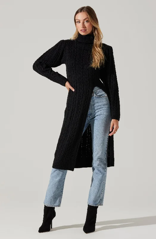 Hi Slit Cable Knit Sweater Silk Blend Satin Velvet