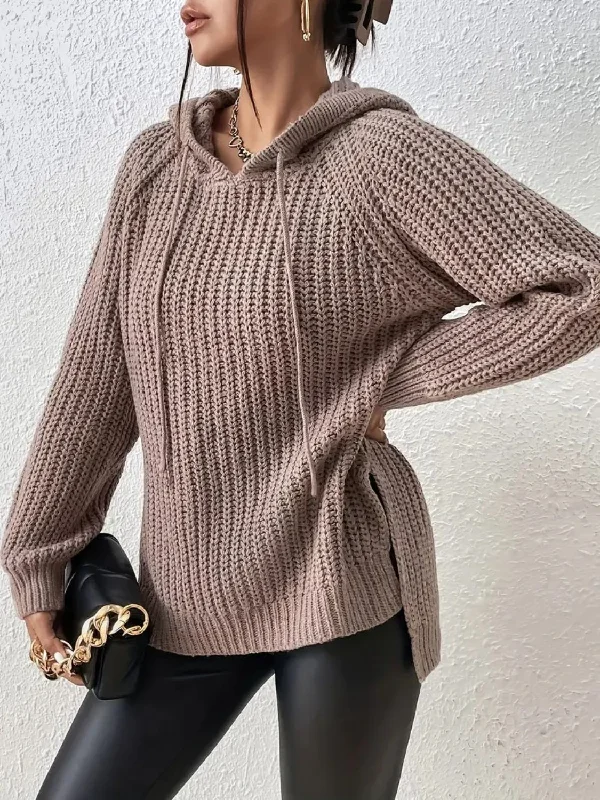 High-Low Side Slit Drawstring Long Sleeve Hooded Sweater Spandex Rayon Corduroy