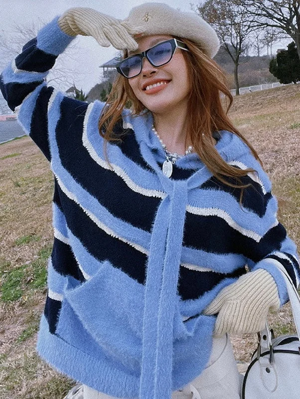 Jamie Blue Stripe Long Sleeve Hooded Sweater Turtle Neck Boat Neck Asymmetrical Neck Jamie Blue Stripe Long Sleeve Hooded Sweater Turtle Neck Boat Neck Asymmetrical Neck