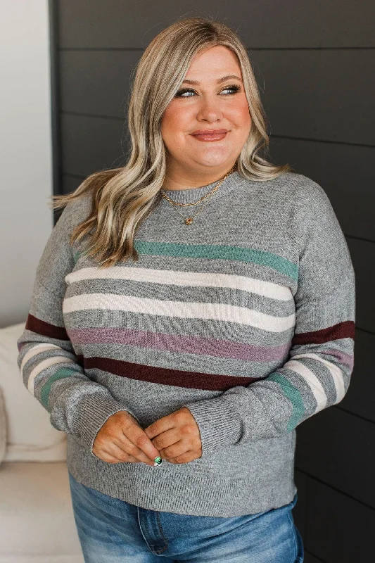 Keep Coming Back Striped Sweater- Grey Solid Print Embellished