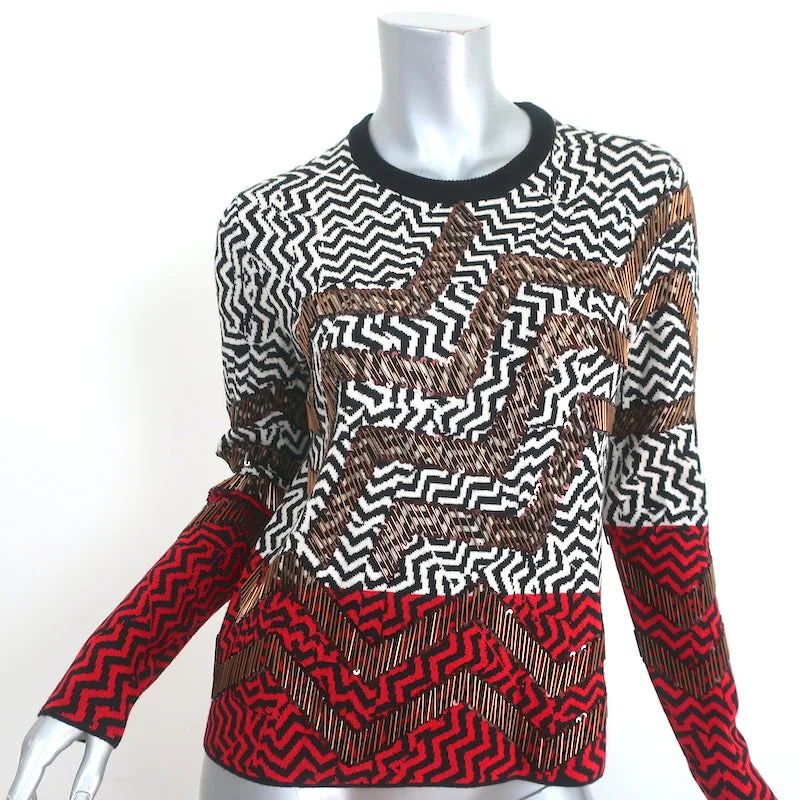 KENZO Beaded Sweater Black/Red Zig Zag Knit Size Medium Crewneck Sweater Stretchy Elastic Breathable KENZO Beaded Sweater Black/Red Zig Zag Knit Size Medium Crewneck Sweater Stretchy Elastic Breathable