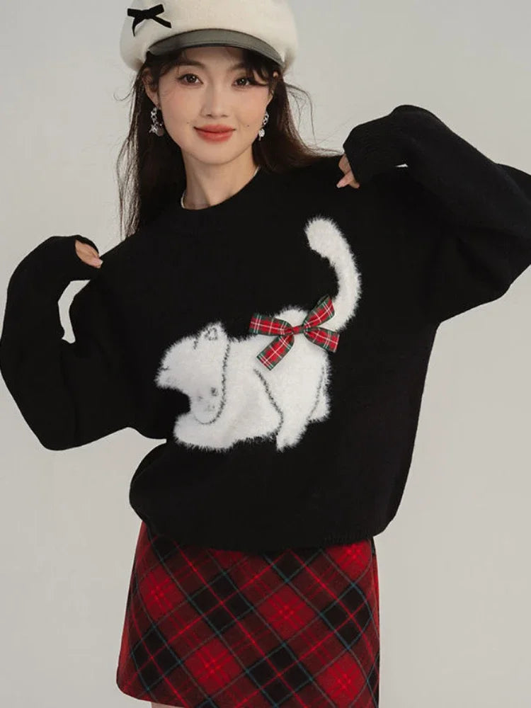 Fashion Kitty Cashmere Knitted Autumn Winter Sweater Boat Neck Shawl Collar Notched Collar