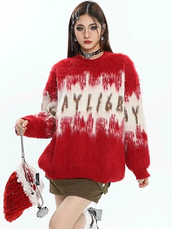 LAYLFGB Graphic Letter Print Long Sleeve Sweater Faux Fur Fabric Real Fur Fabric Shearling Fabric