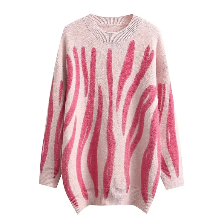Lazy style retro irregular stripe crew neck loose long sleeve sweater  7359 Wool Fabric Cashmere Fabric Tweed Fabric
