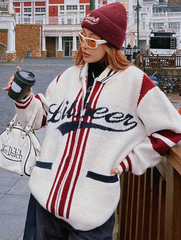 Lil beer Letter Print Stripe Zip Up Long Sleeve Sweater Bright Pastel Dark