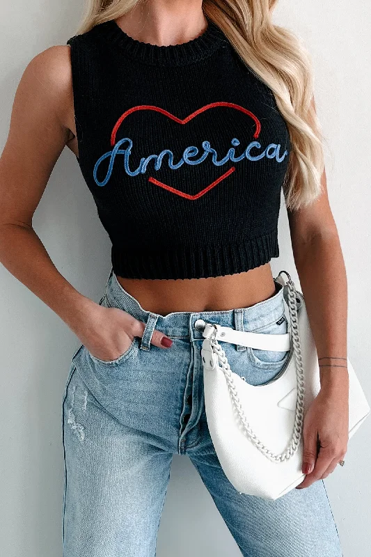 Love My Country Sweater Knit Tank Top (Black) Iron Safe Non-Iron Wrinkle Free