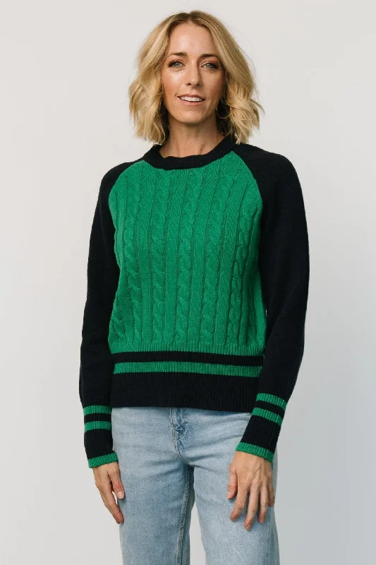 Marsha Cable Knit Sweater | Green + Navy Hooded Caped Shawl Collar