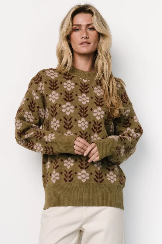 Norris Sweater | Olive Multi Floral Hooded Caped Shawl Collar